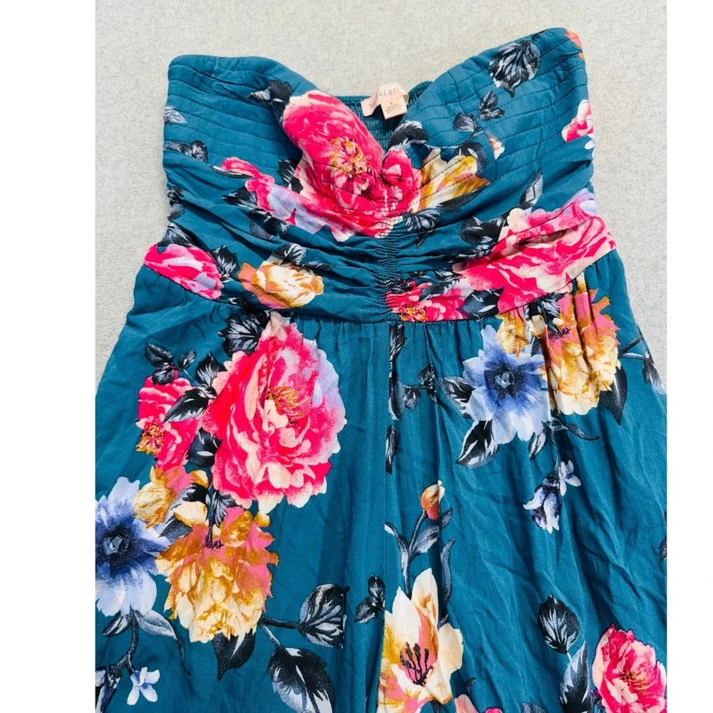 Heart Of Gypsy Jumpsuit Womens Large Teal Blue Floral Strapless Wide‎ Leg Boho